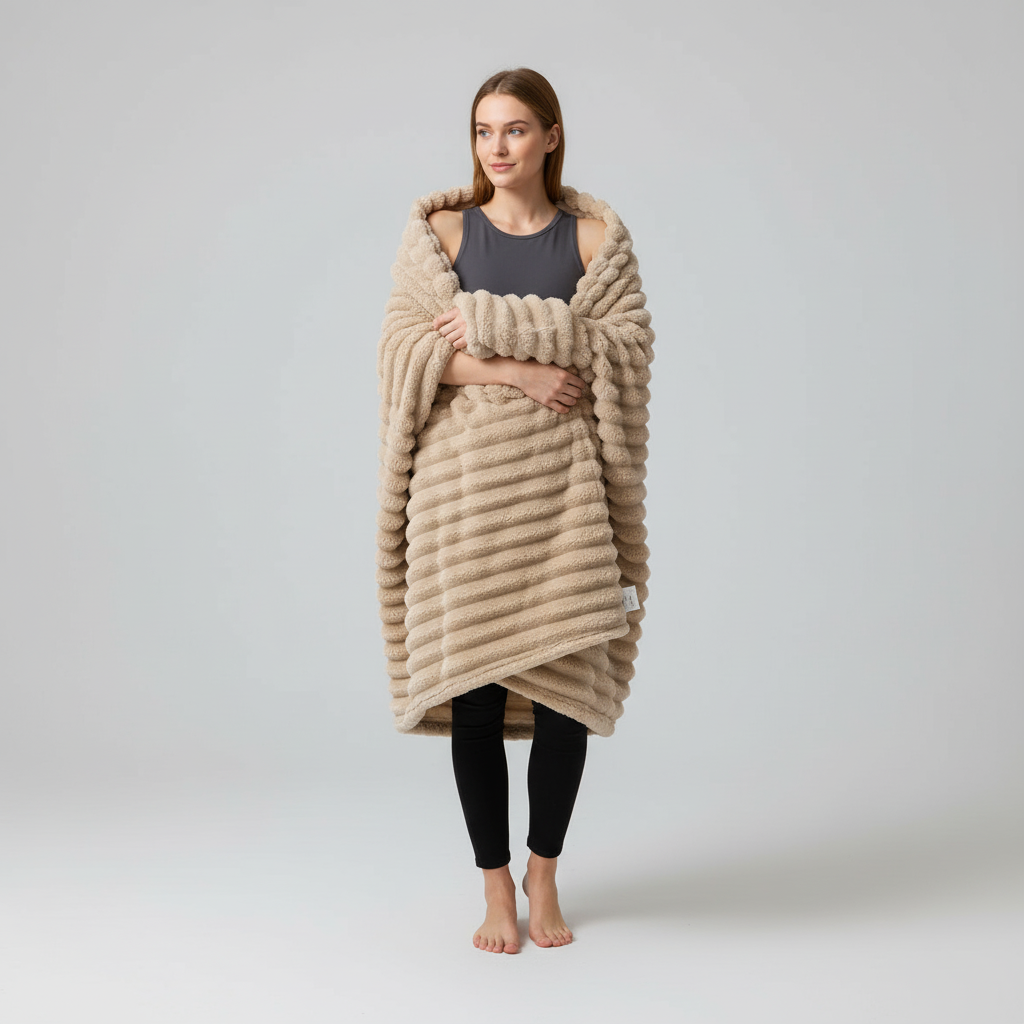 Flauschige Korallenfleece-Decke mit Streifenmuster übergroß warm