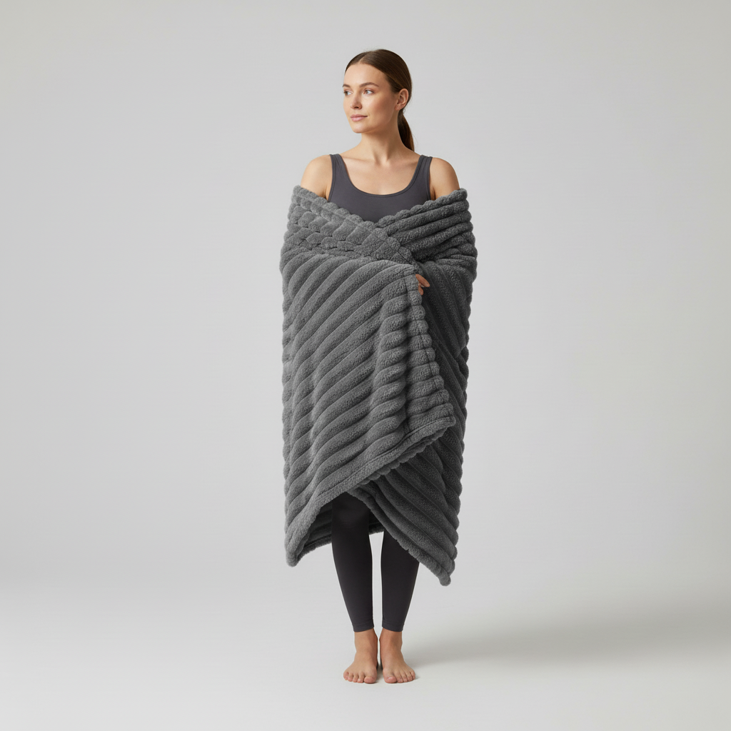Flauschige Korallenfleece-Decke mit Streifenmuster übergroß warm