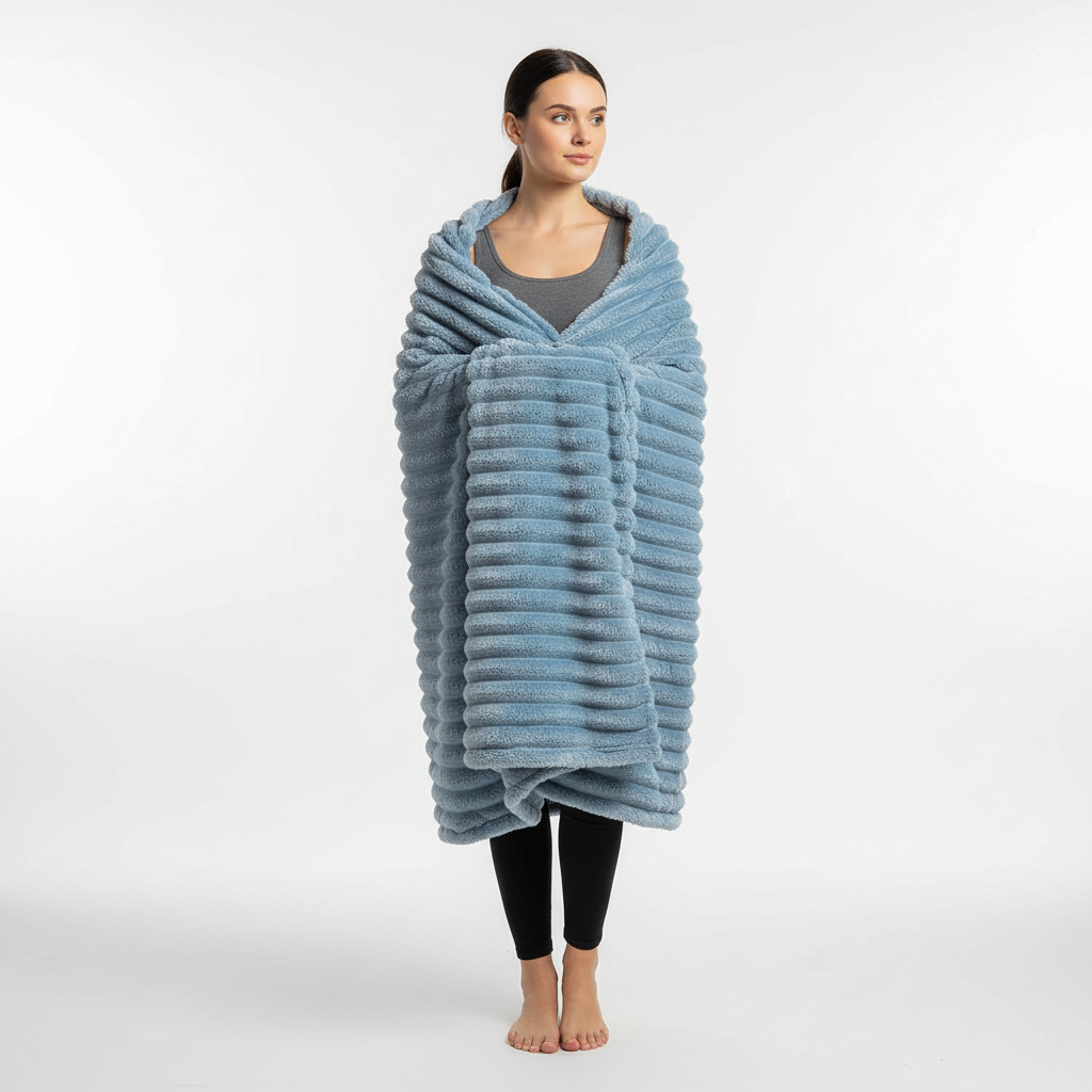 Flauschige Korallenfleece-Decke mit Streifenmuster übergroß warm