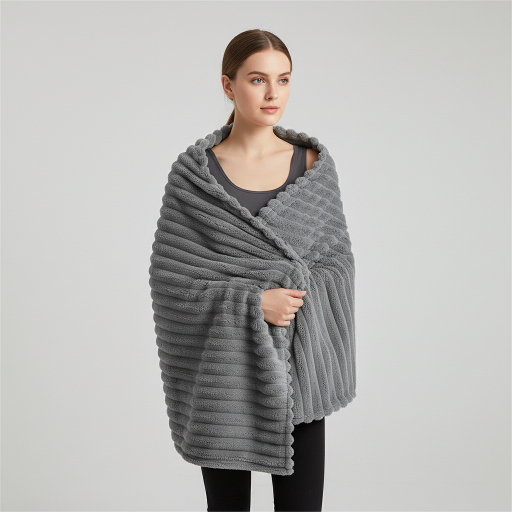 Flauschige Korallenfleece-Decke mit Streifenmuster übergroß warm