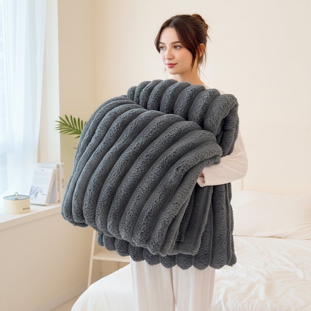 Flauschige Korallenfleece-Decke mit Streifenmuster übergroß warm
