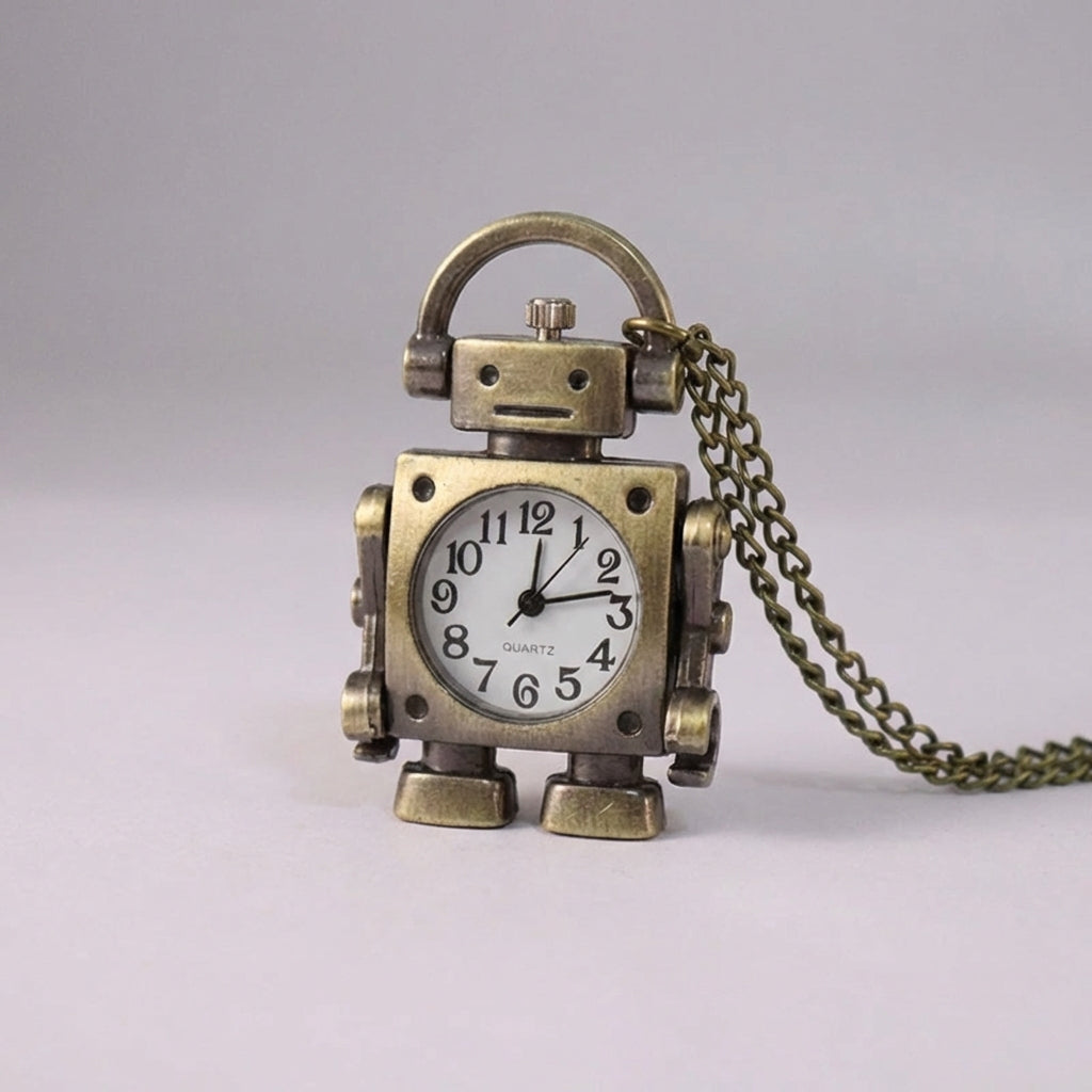 Vintage Roboter Taschenuhren-Anhänger mit Rundzifferblatt und Schlüsselanhänger-Schlaufe