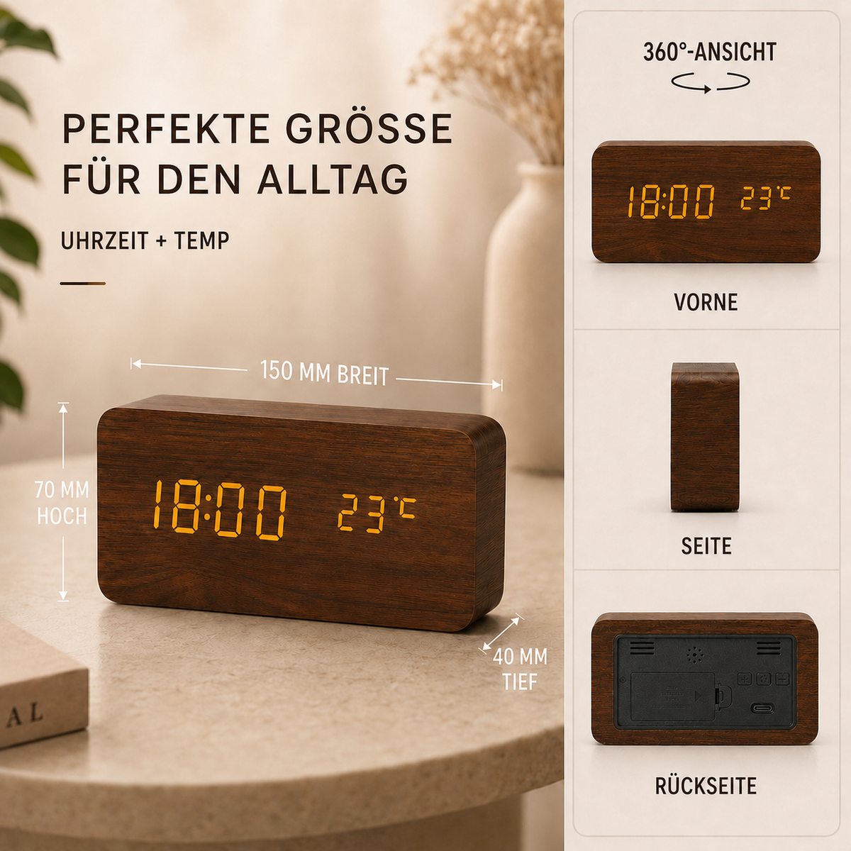 Nordspur | Timberlyte Holz-LED-Wecker mit Temperaturanzeige