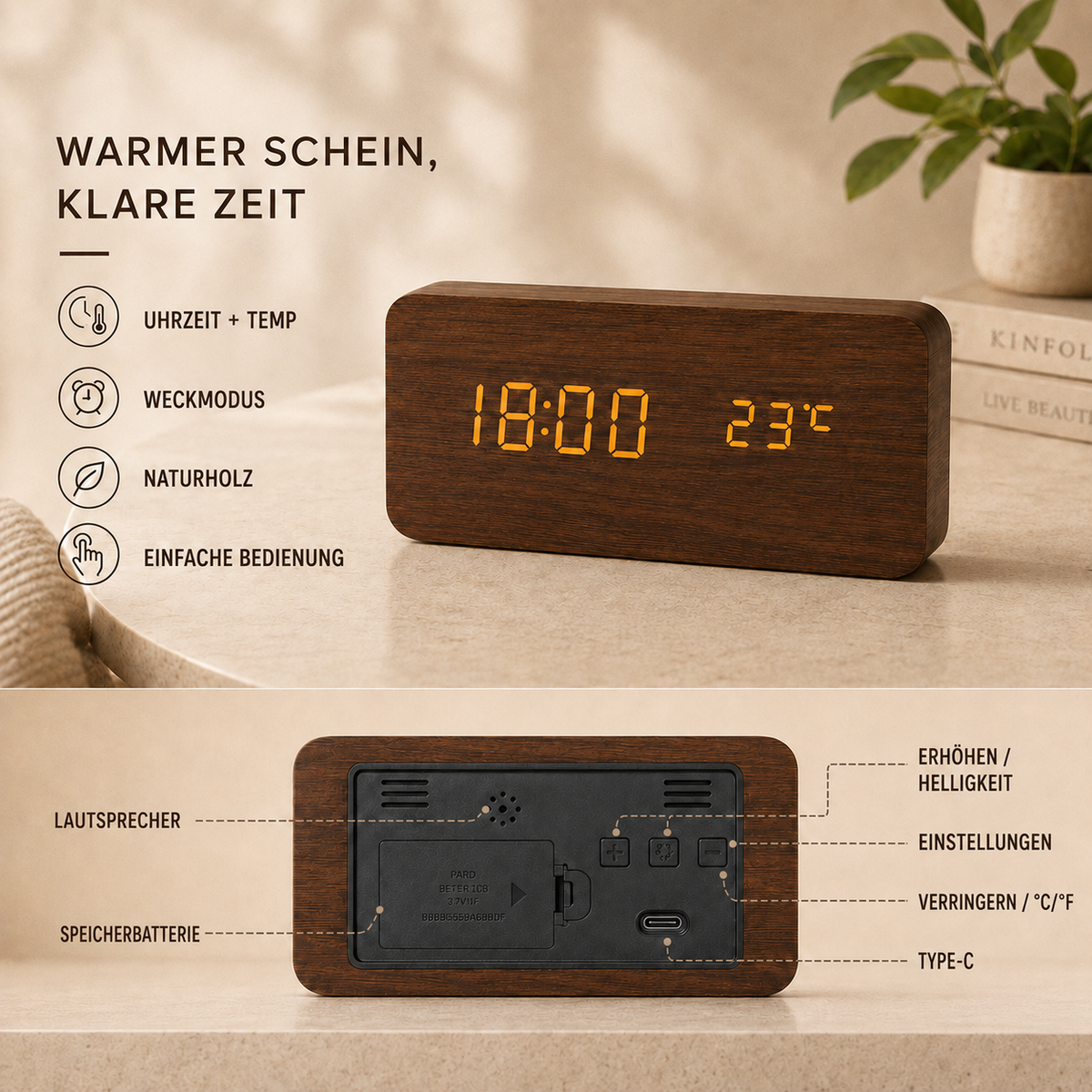 Nordspur | Timberlyte Holz-LED-Wecker mit Temperaturanzeige