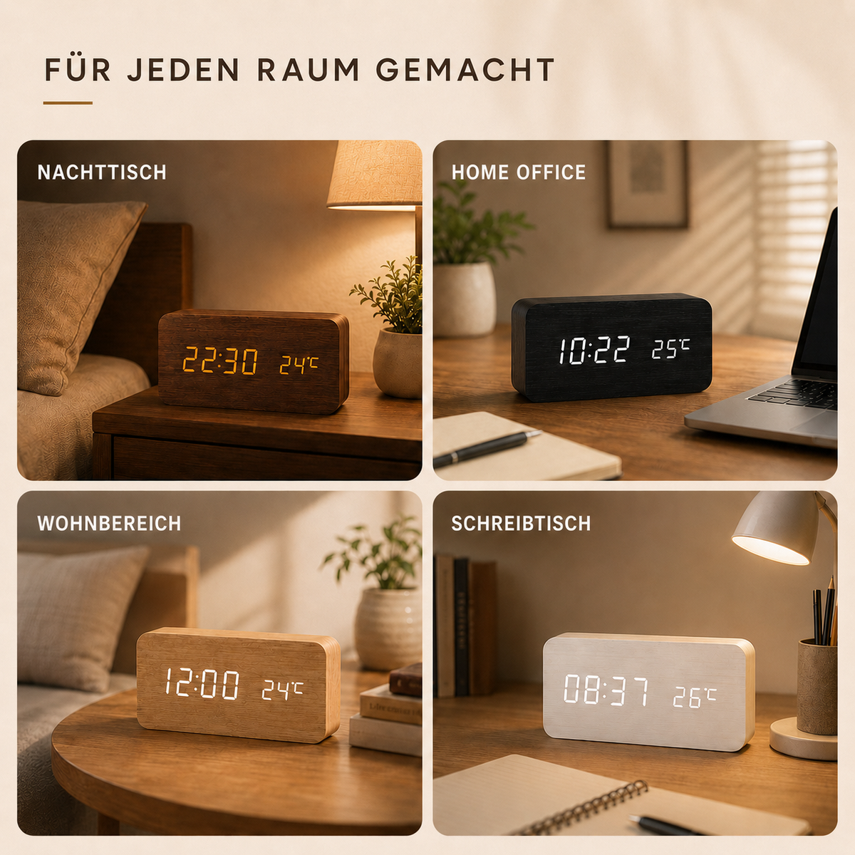 Nordspur | Timberlyte Holz-LED-Wecker mit Temperaturanzeige