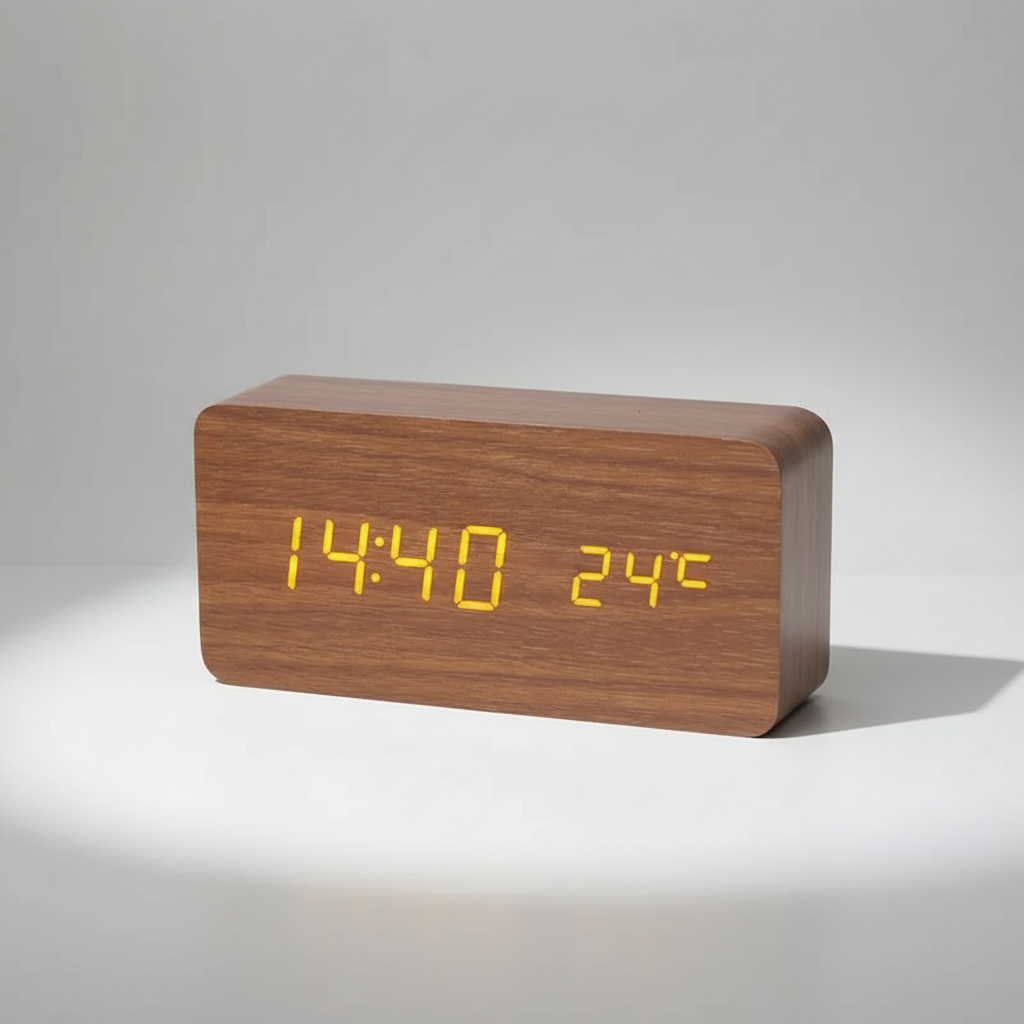 Holz-LED-Wecker mit digitaler Anzeige für Zeit und Temperatur