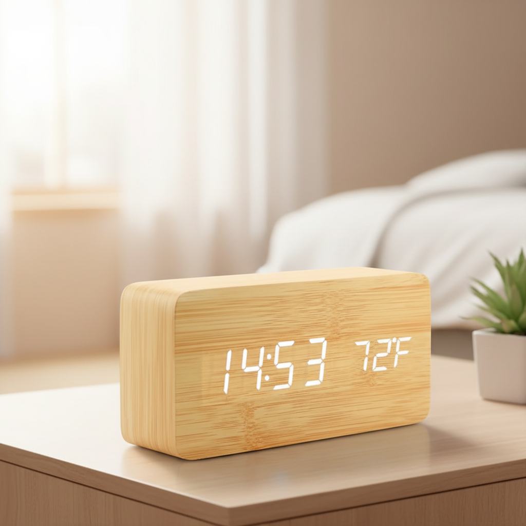 Holz-LED-Wecker mit digitaler Anzeige für Zeit und Temperatur