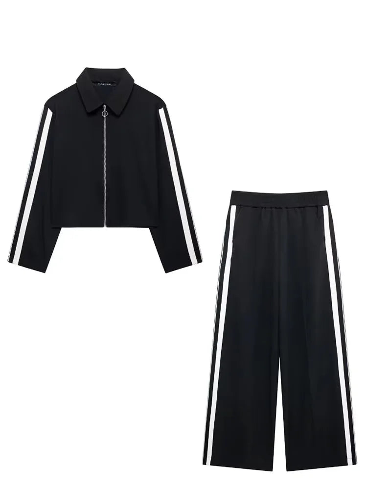 Damen Trainingsanzug schwarz-weiß gestreift Retro-Look weite Hose