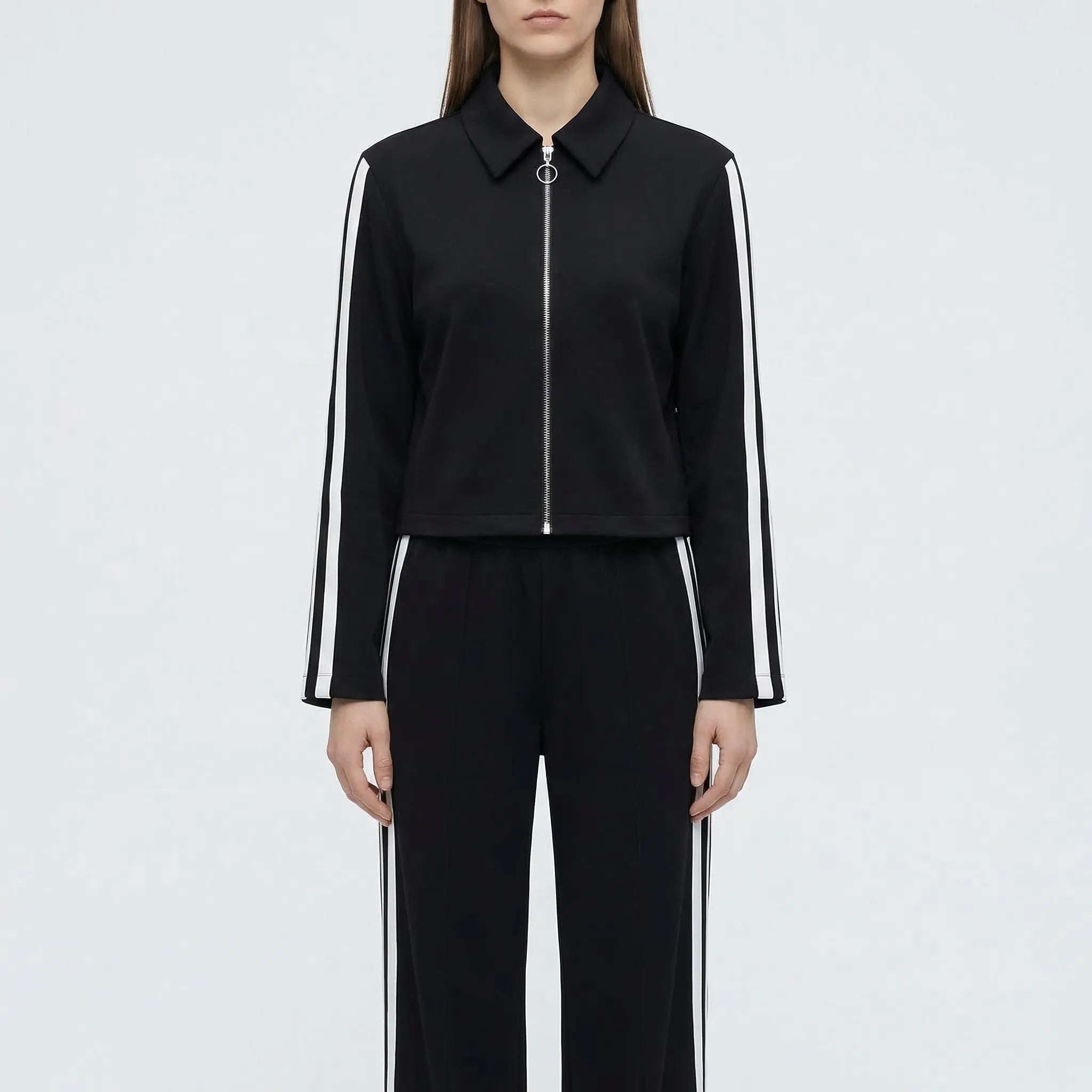 Damen Trainingsanzug schwarz-weiß gestreift Retro-Look weite Hose