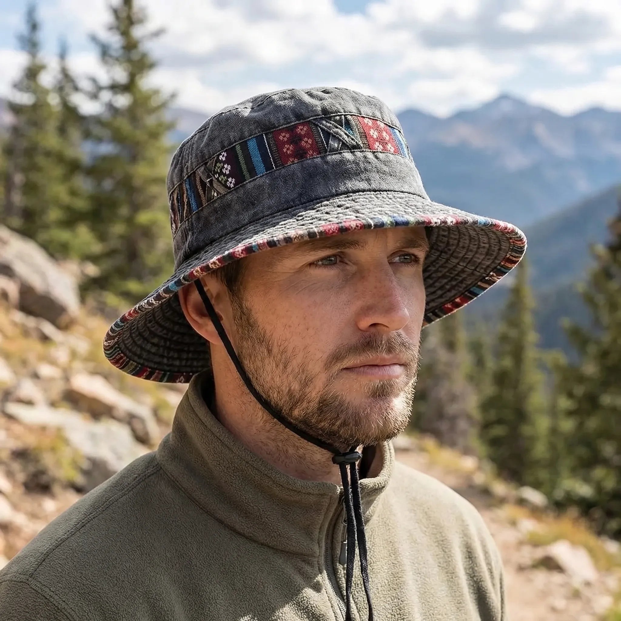Breitkrempiger Outdoor-Bucket-Hat mit Boho-Webband und verstellbarem Kinnband