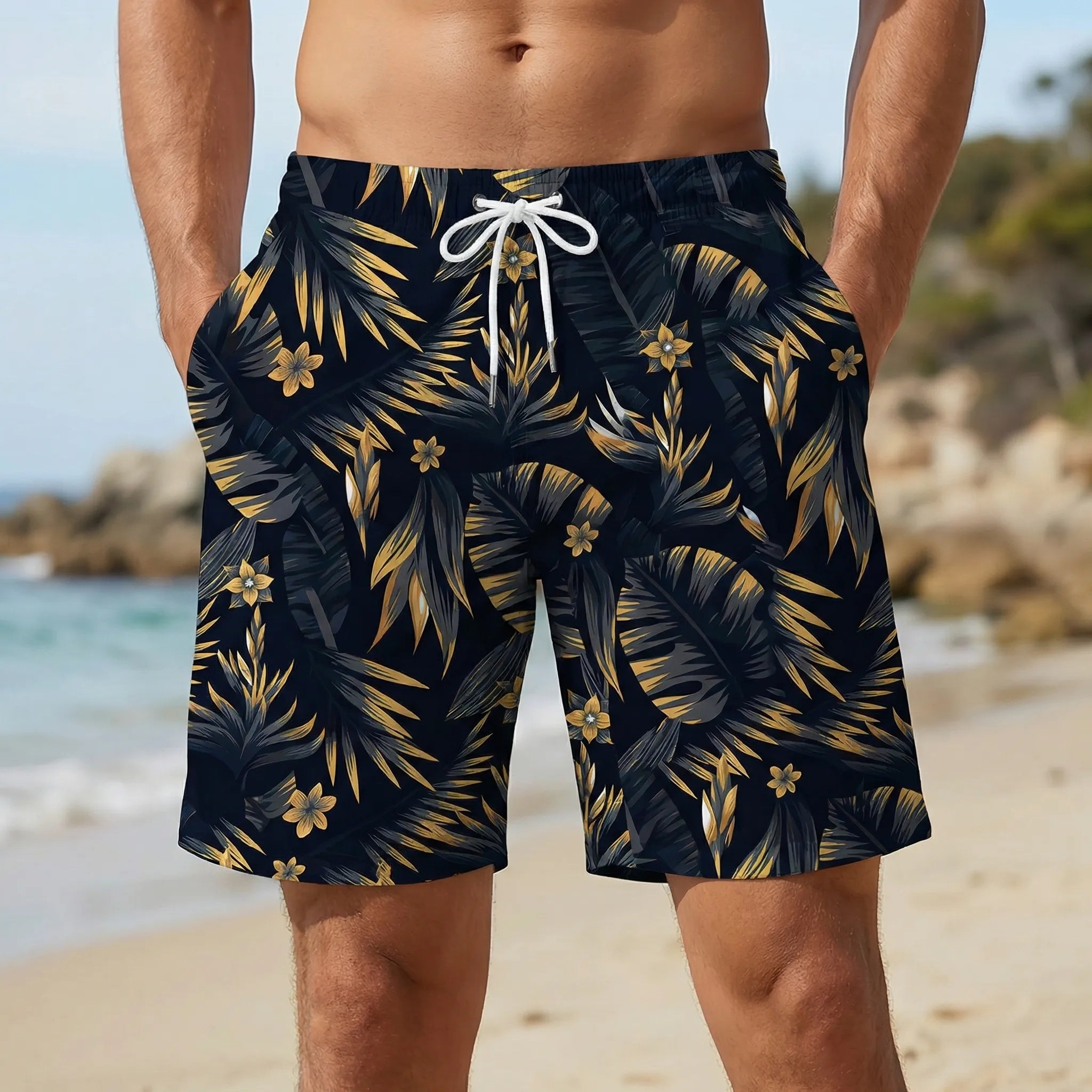 Herren-Badeshorts Blattdruck locker schnelltrocknend atmungsaktiv