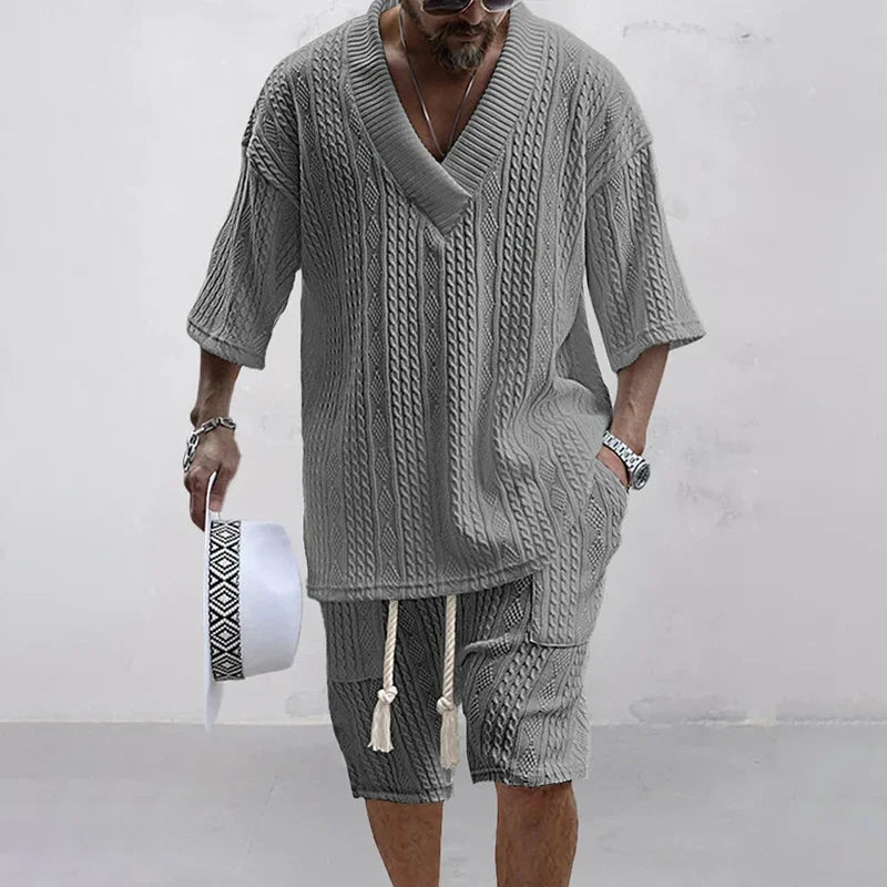 Herren Strick Zweiteiler Set mit V-Ausschnitt Oberteil und Shorts für den Sommer