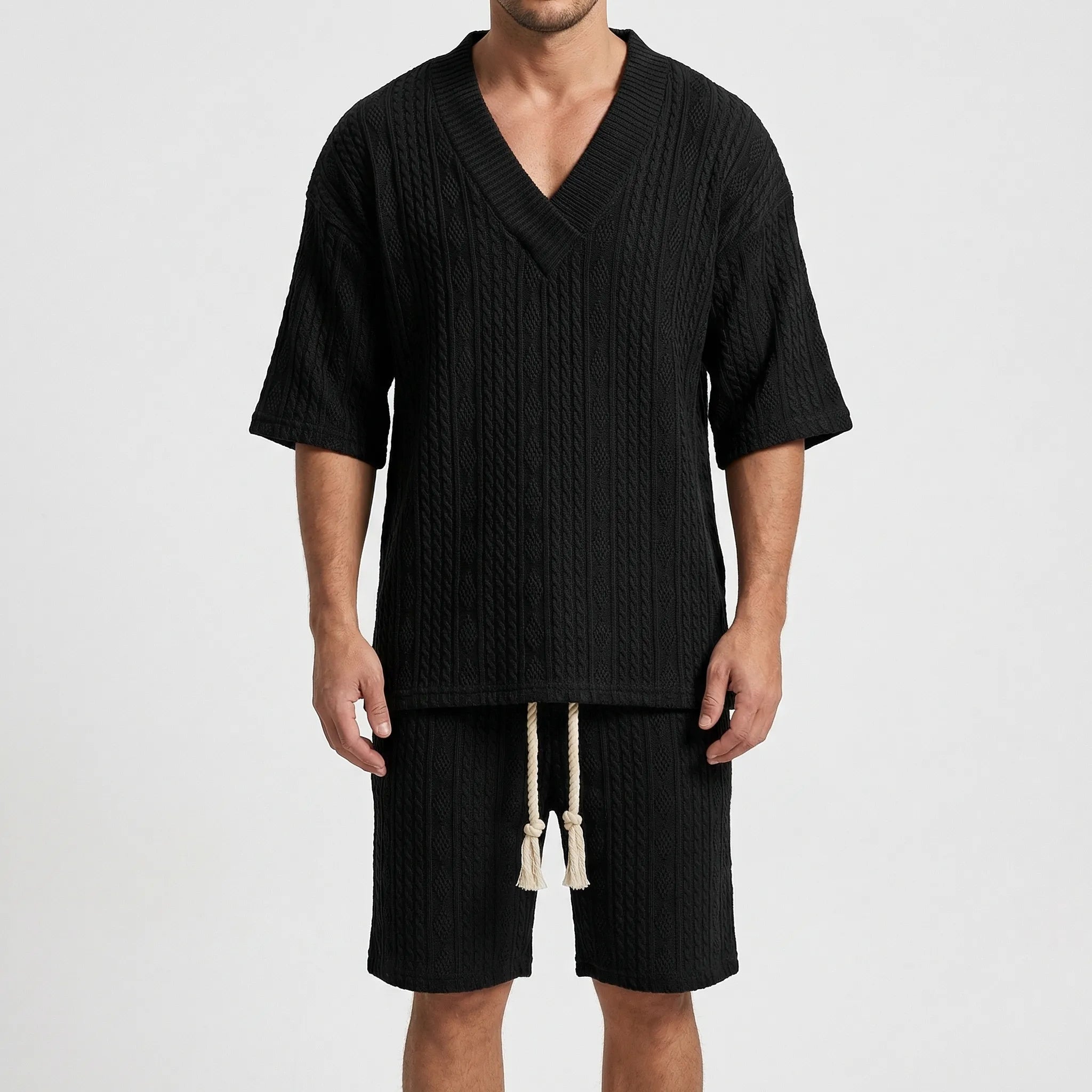 Herren Strick Zweiteiler Set mit V-Ausschnitt Oberteil und Shorts für den Sommer