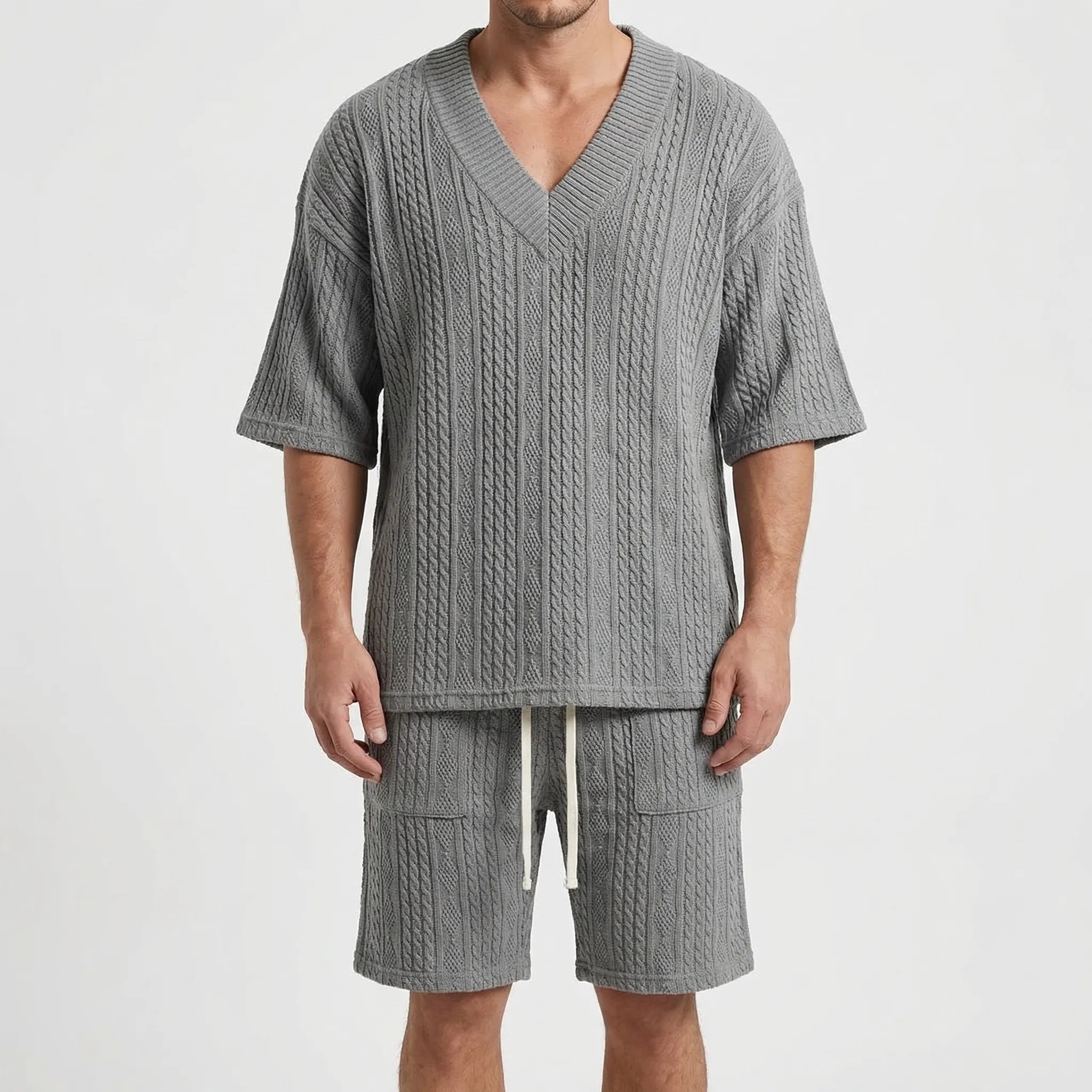 Herren Strick Zweiteiler Set mit V-Ausschnitt Oberteil und Shorts für den Sommer