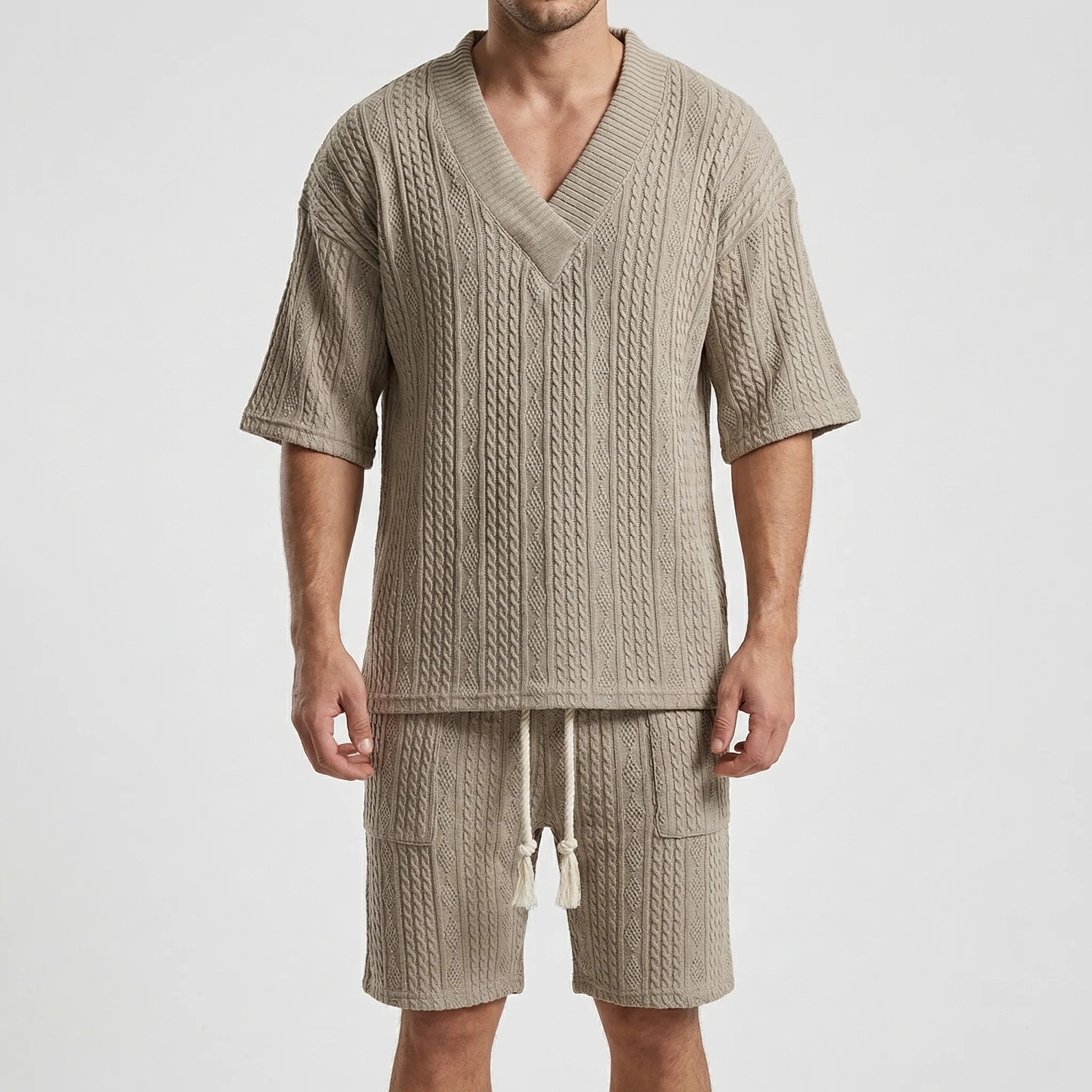 Herren Strick Zweiteiler Set mit V-Ausschnitt Oberteil und Shorts für den Sommer