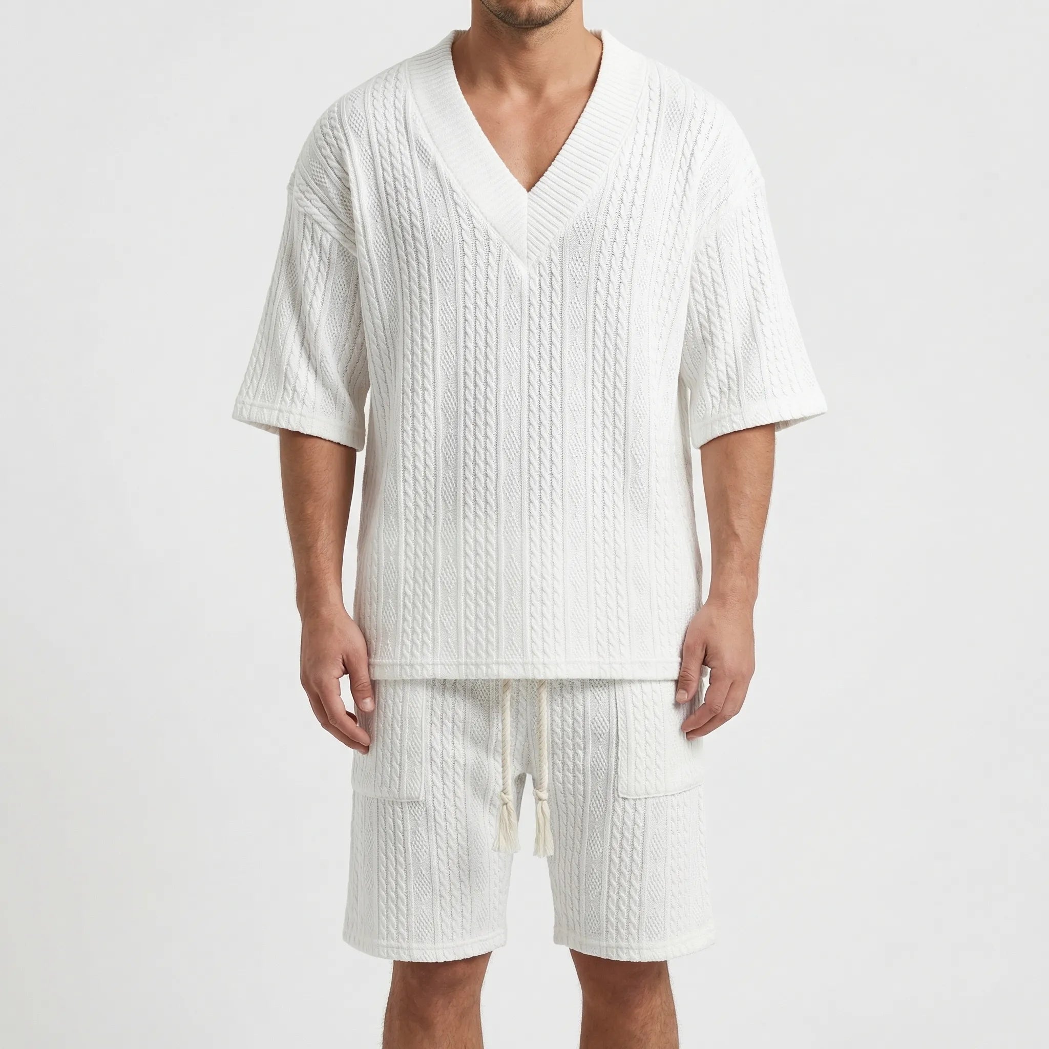 Herren Strick Zweiteiler Set mit V-Ausschnitt Oberteil und Shorts für den Sommer