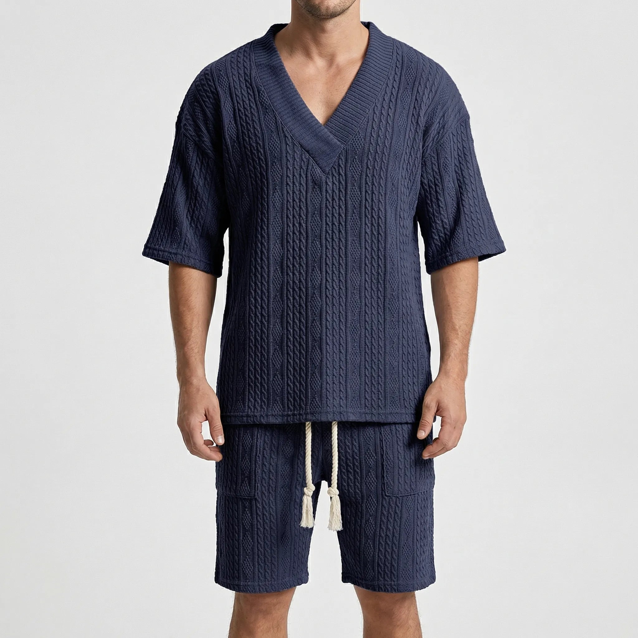 Herren Strick Zweiteiler Set mit V-Ausschnitt Oberteil und Shorts für den Sommer