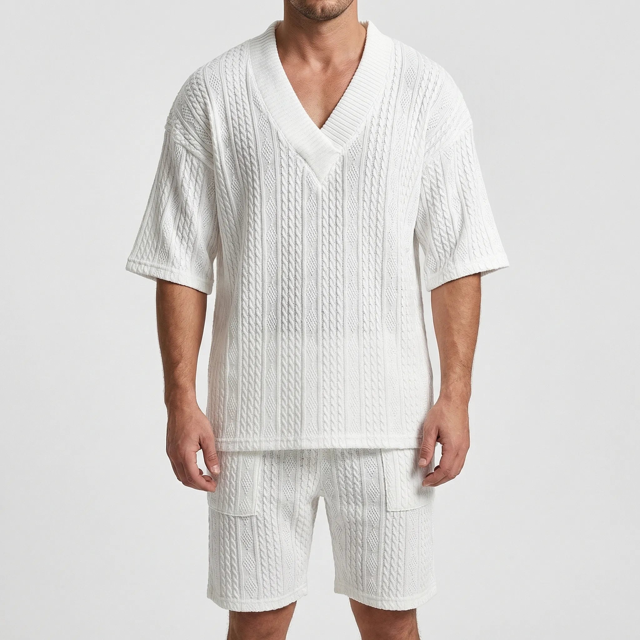 Herren Strick Zweiteiler Set mit V-Ausschnitt Oberteil und Shorts für den Sommer