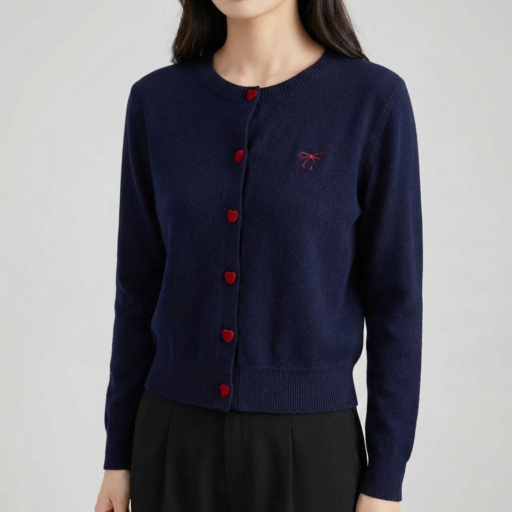 Damen Rundhals-Cardigan mit herzförmigen Knöpfen und Stickschleife