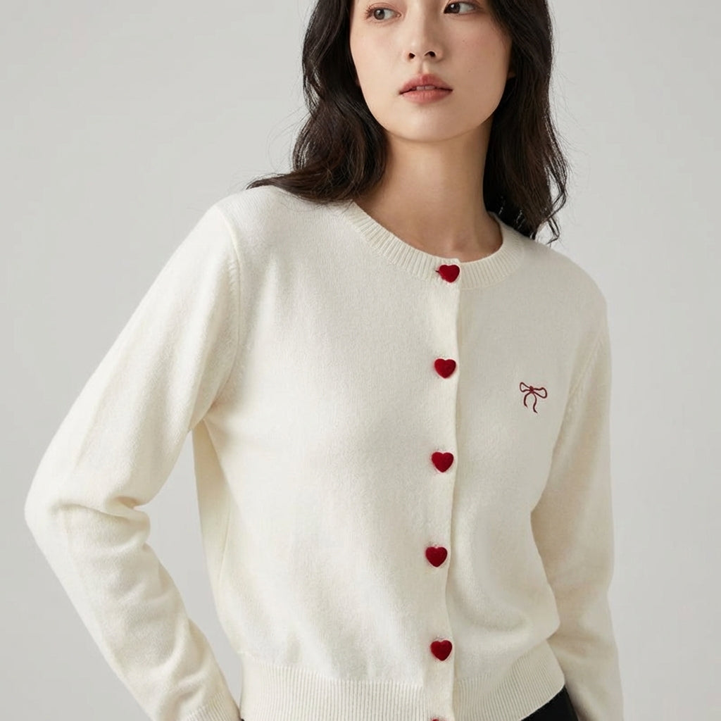 Damen Rundhals-Cardigan mit herzförmigen Knöpfen und Stickschleife