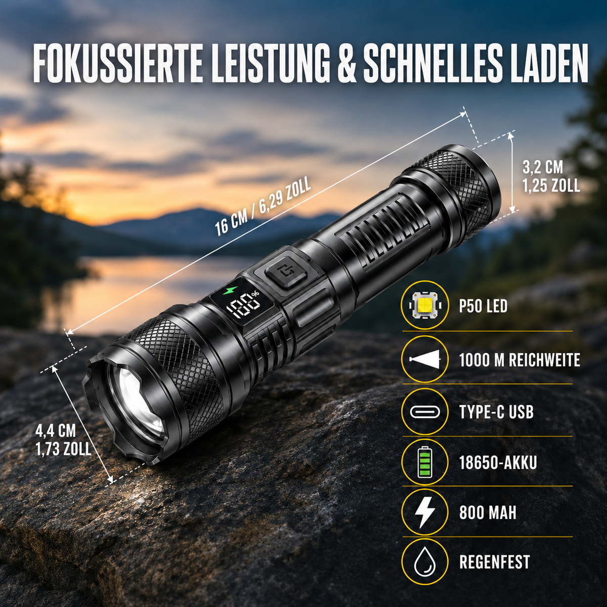 Nordspur | Vantorix Hochleistungs-Taschenlampe mit Akku