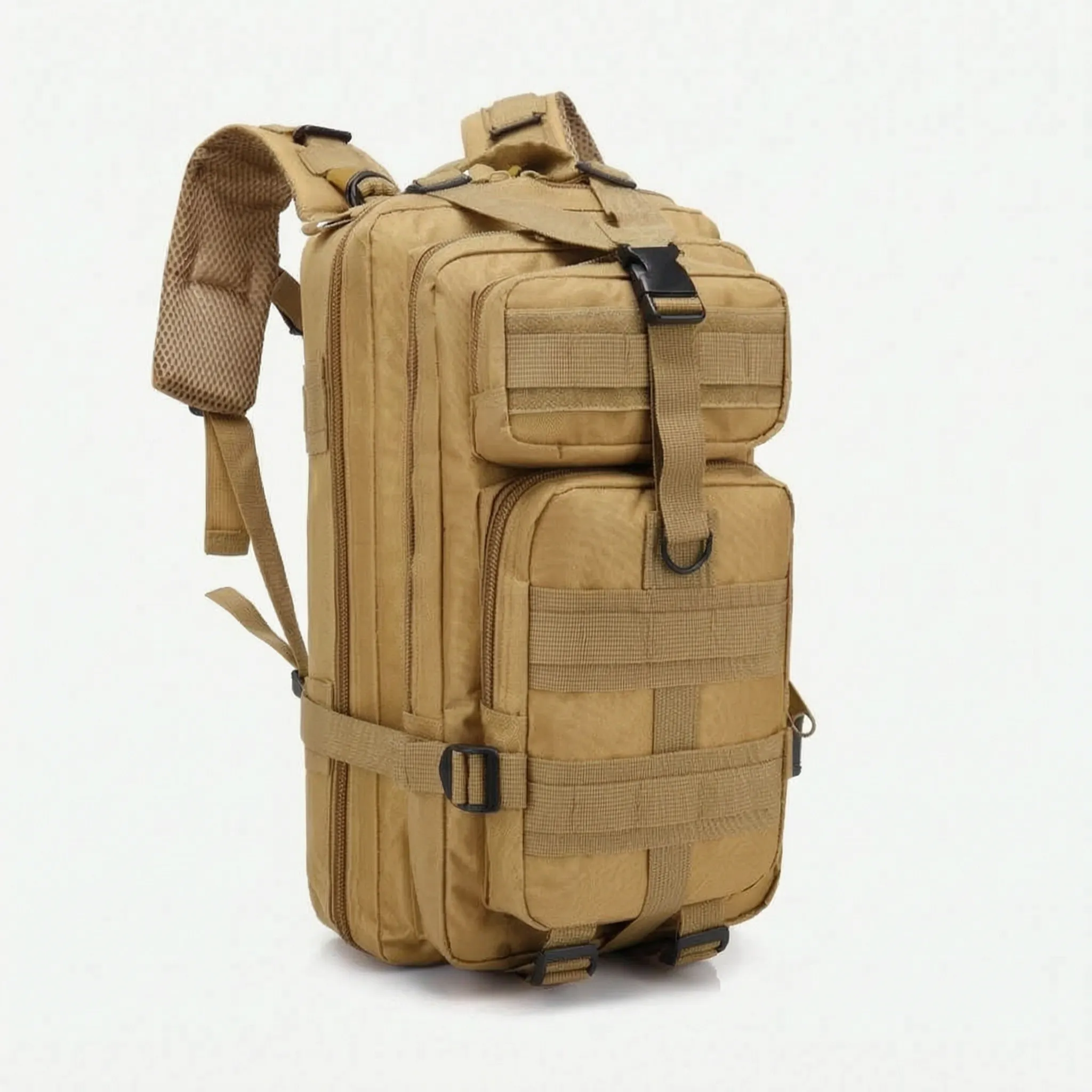 Wanderrucksack mit mehreren Fächern, gepolsterten Trägern und Kompressionsgurten