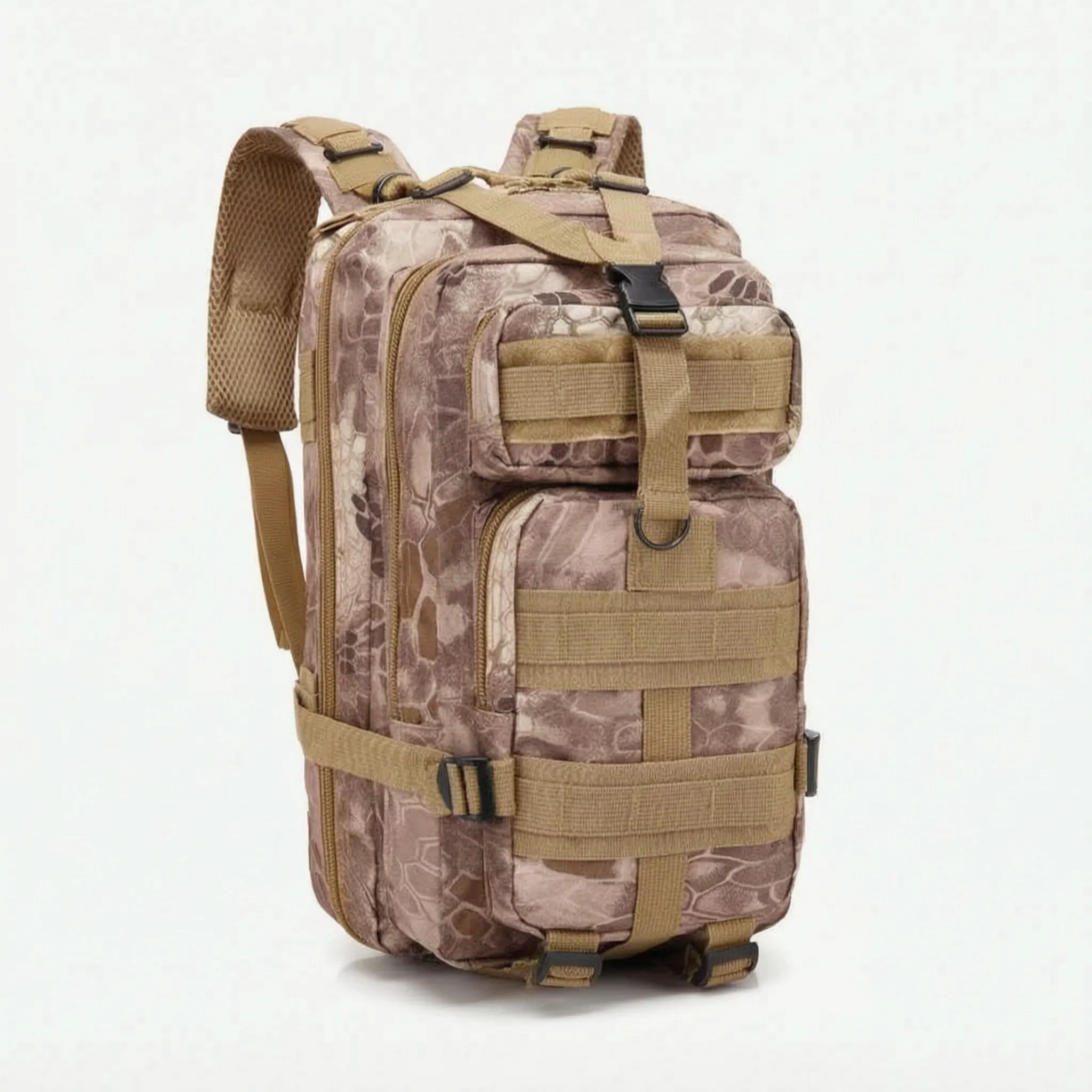 Wanderrucksack mit mehreren Fächern, gepolsterten Trägern und Kompressionsgurten