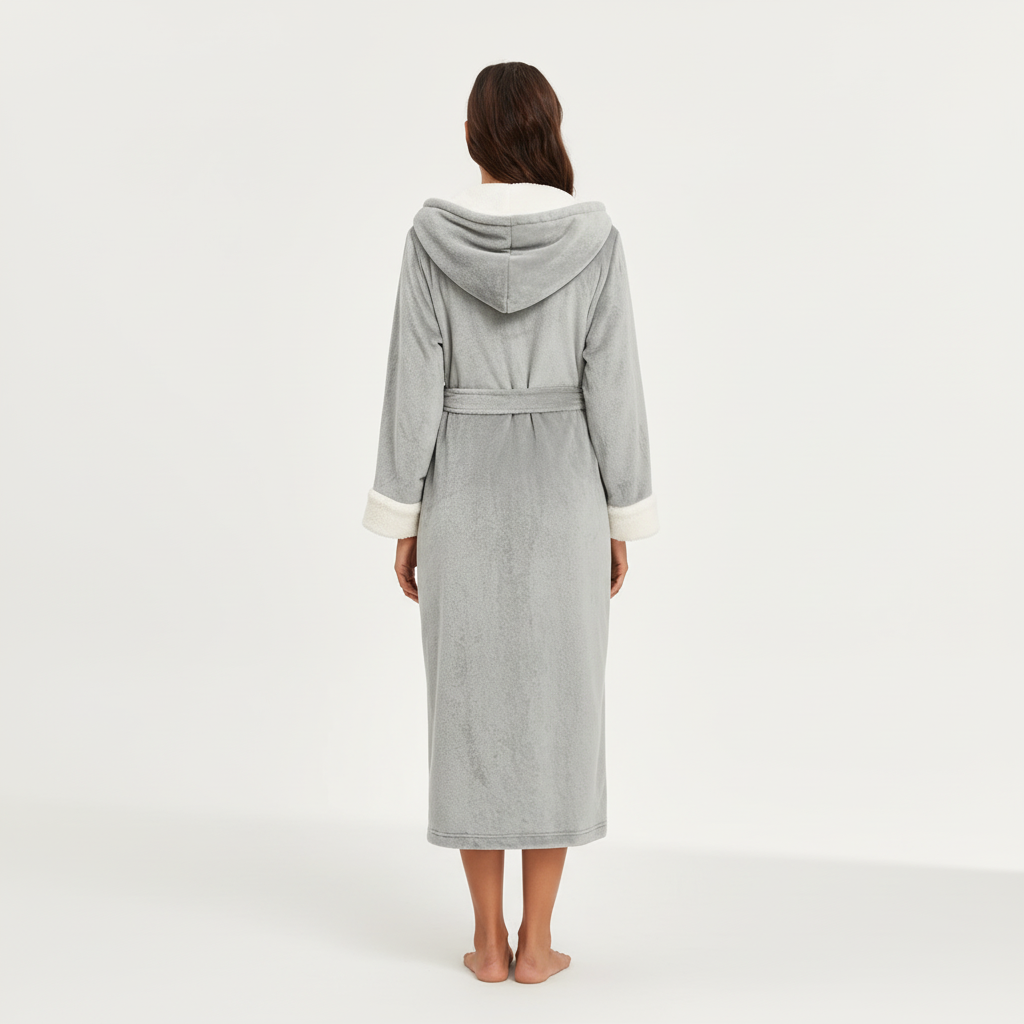 Langer Kapuzenbademantel Damen flauschig knöchellang Gürtel Winter