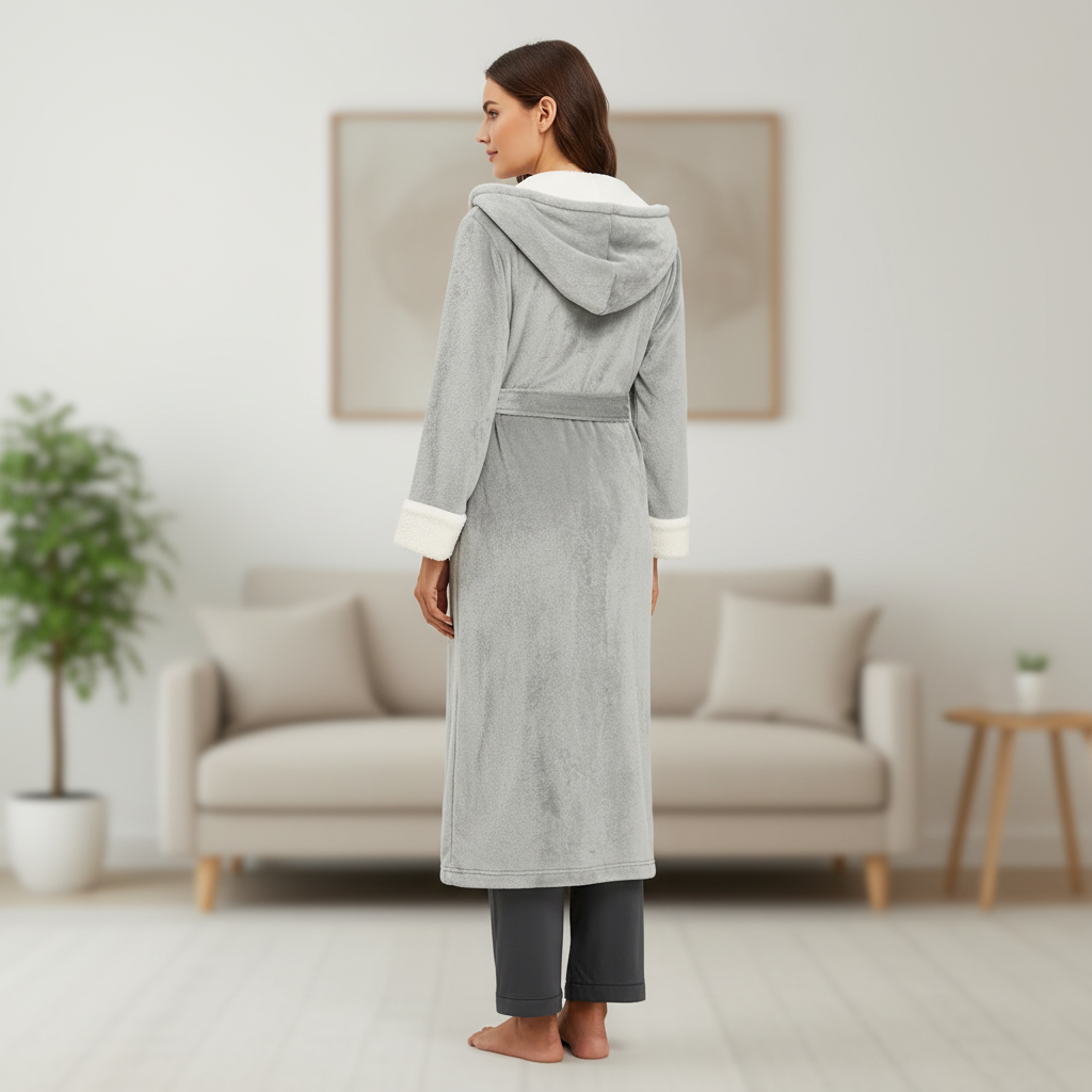 Langer Kapuzenbademantel Damen flauschig knöchellang Gürtel Winter