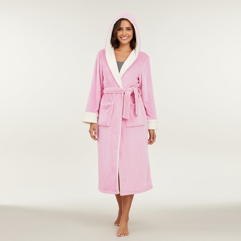 Langer Kapuzenbademantel Damen flauschig knöchellang Gürtel Winter