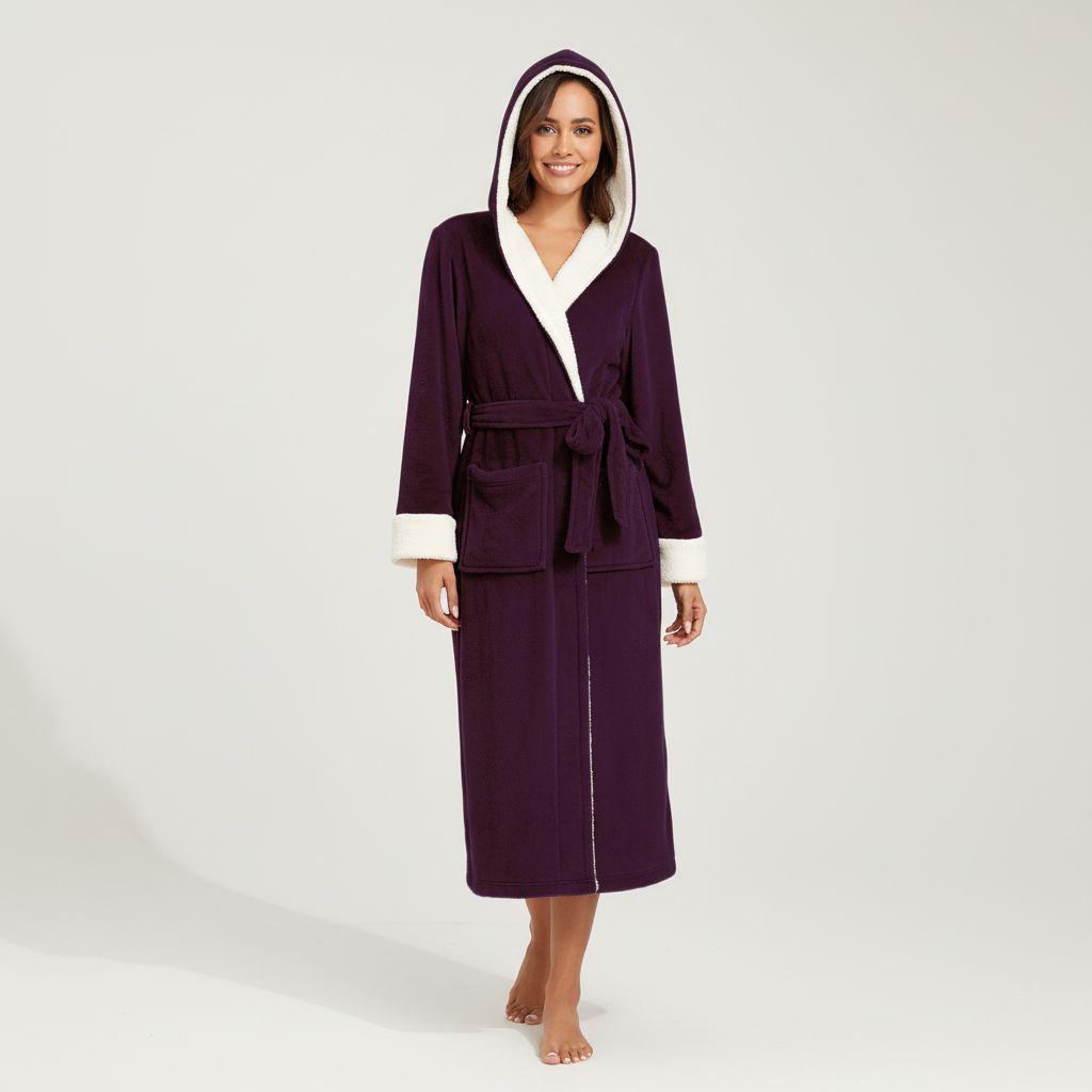 Langer Kapuzenbademantel Damen flauschig knöchellang Gürtel Winter