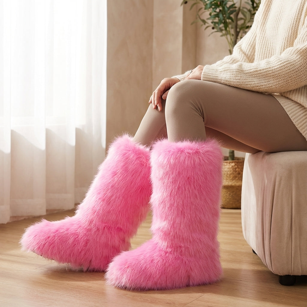 Kniehohe Fuzzy Winterstiefel mit wuscheliger Polsterung und Slip-on-Verschluss