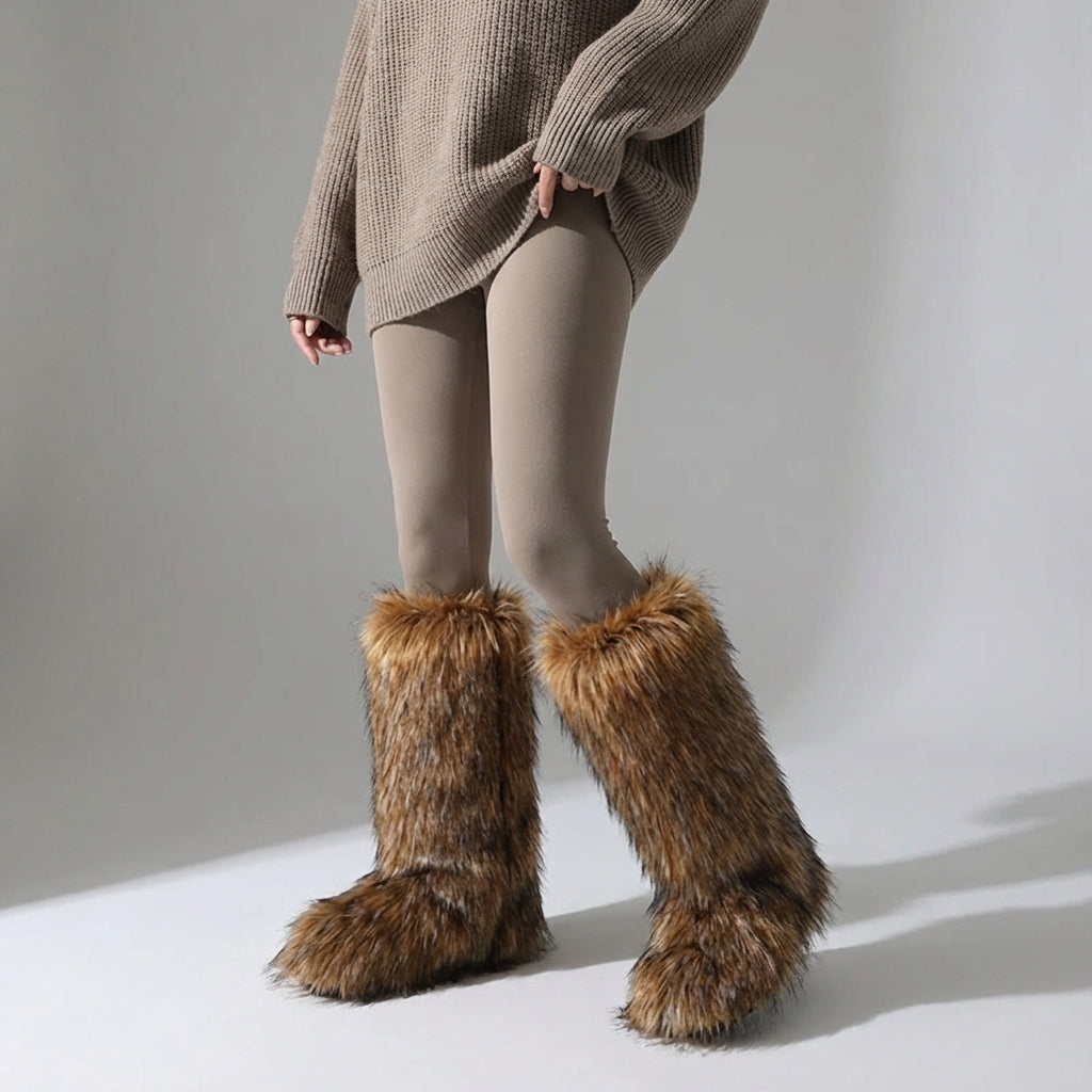 Kniehohe Fuzzy Winterstiefel mit wuscheliger Polsterung und Slip-on-Verschluss