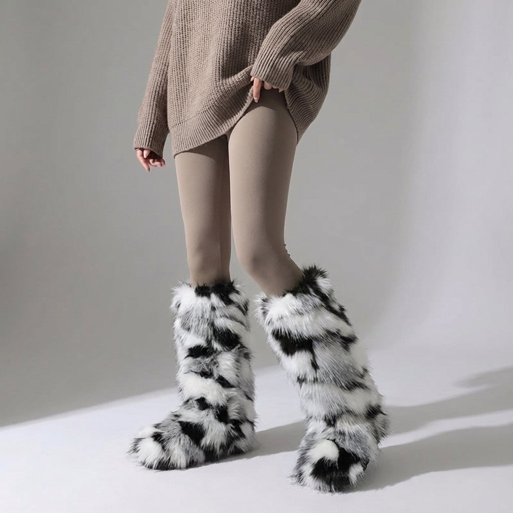 Kniehohe Fuzzy Winterstiefel mit wuscheliger Polsterung und Slip-on-Verschluss