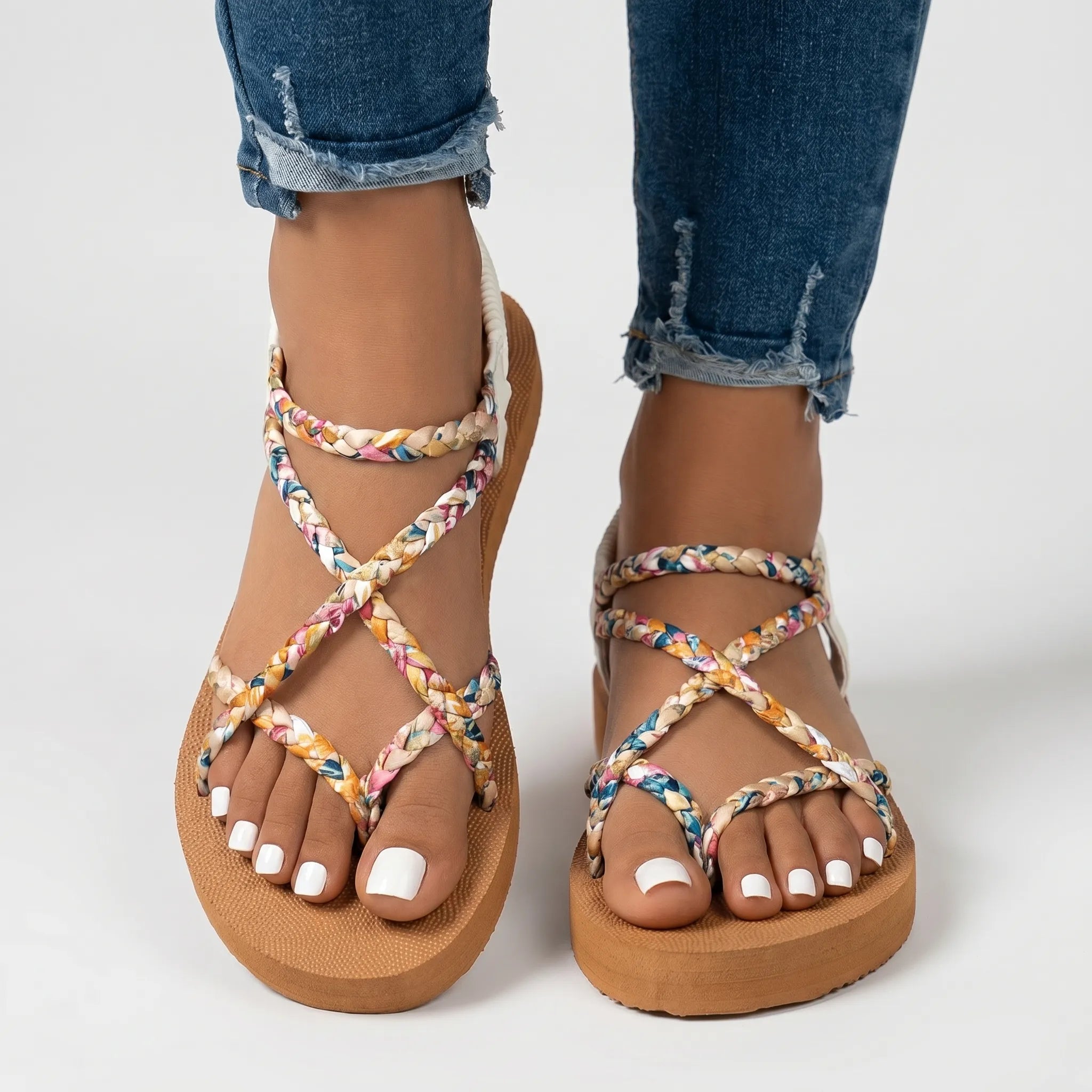 Damensandalen flach mehrfarbig geflochtene Riemen Sommersandalen