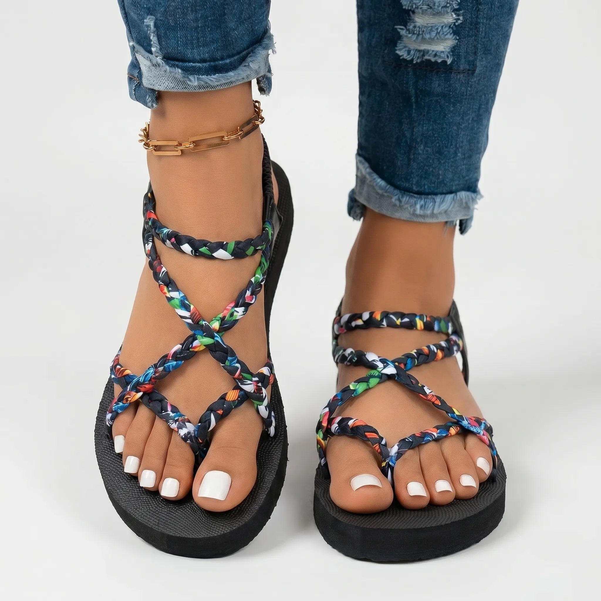 Damensandalen flach mehrfarbig geflochtene Riemen Sommersandalen