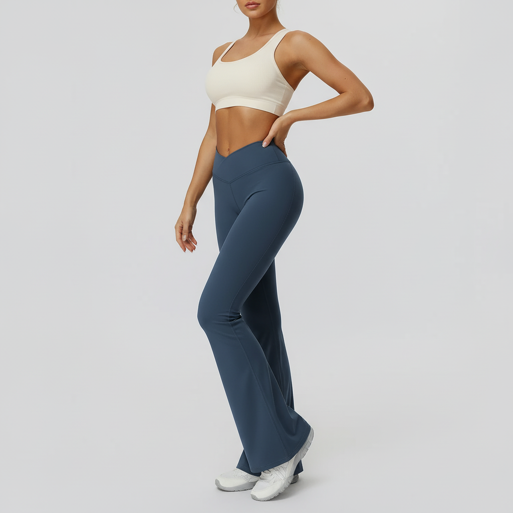 Hochbund-Schlaghose Damen Yoga Stretch schwarz