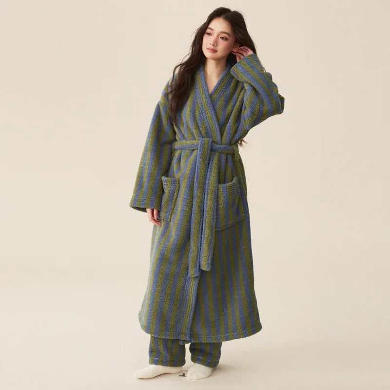 Langer Bademantel Polyester gestreift knöchellang