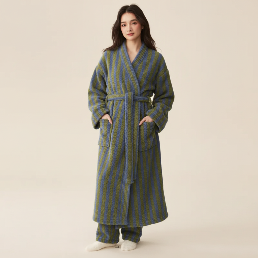 Langer Bademantel Polyester gestreift knöchellang