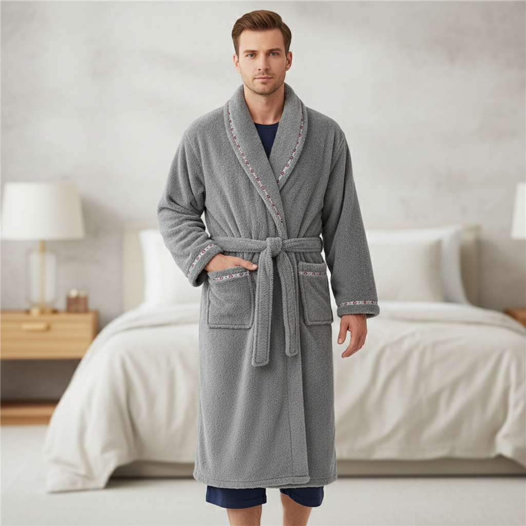 Langer Plüsch-Bademantel im Hotelstil mit Schaltkragen