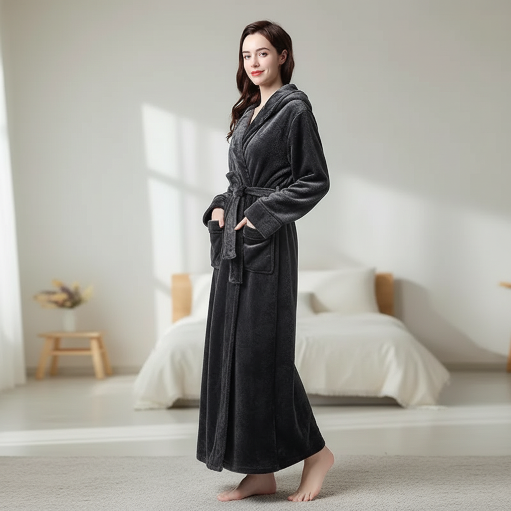 Knöchelhoher Bademantel mit Kapuze, ultra-weicher Fleece, große Taschen
