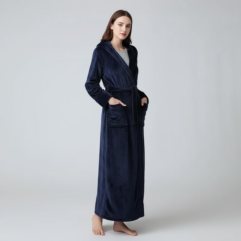 Knöchelhoher Bademantel mit Kapuze, ultra-weicher Fleece, große Taschen