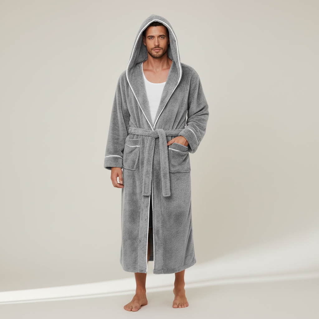 Kapuzen-Bademantel lang Flanell warm gemütlich