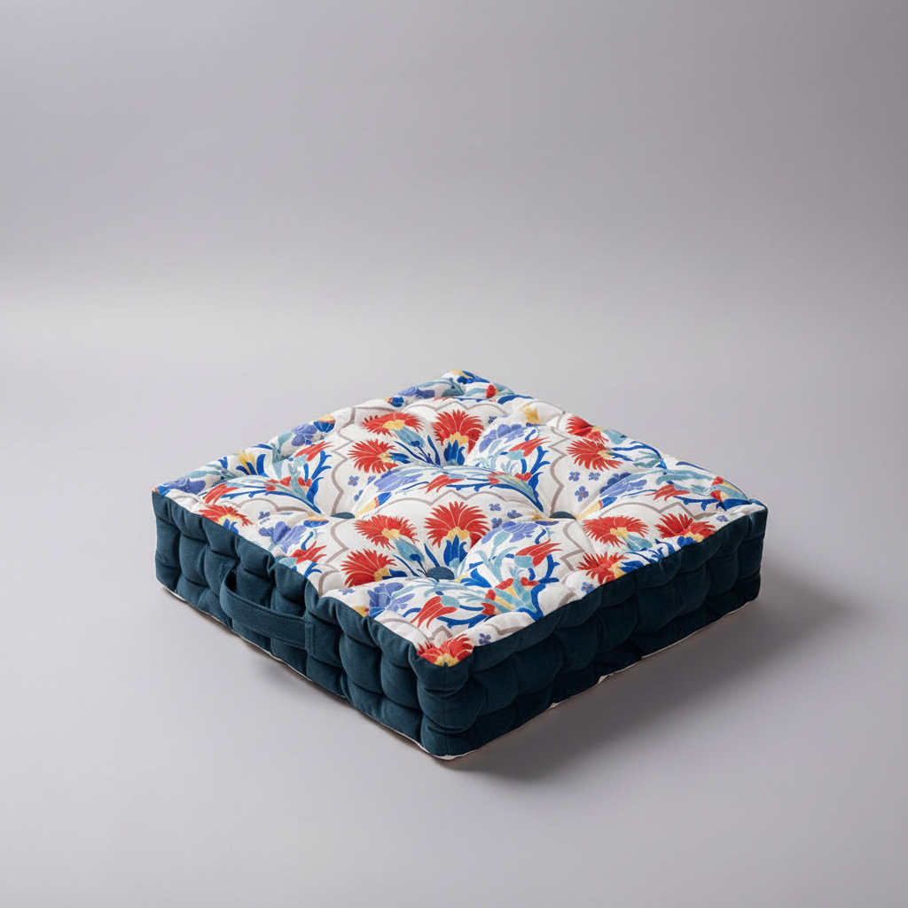 Dickes quadratisches Sitzkissen mit Vintage-Blumenmuster und Tragegriff