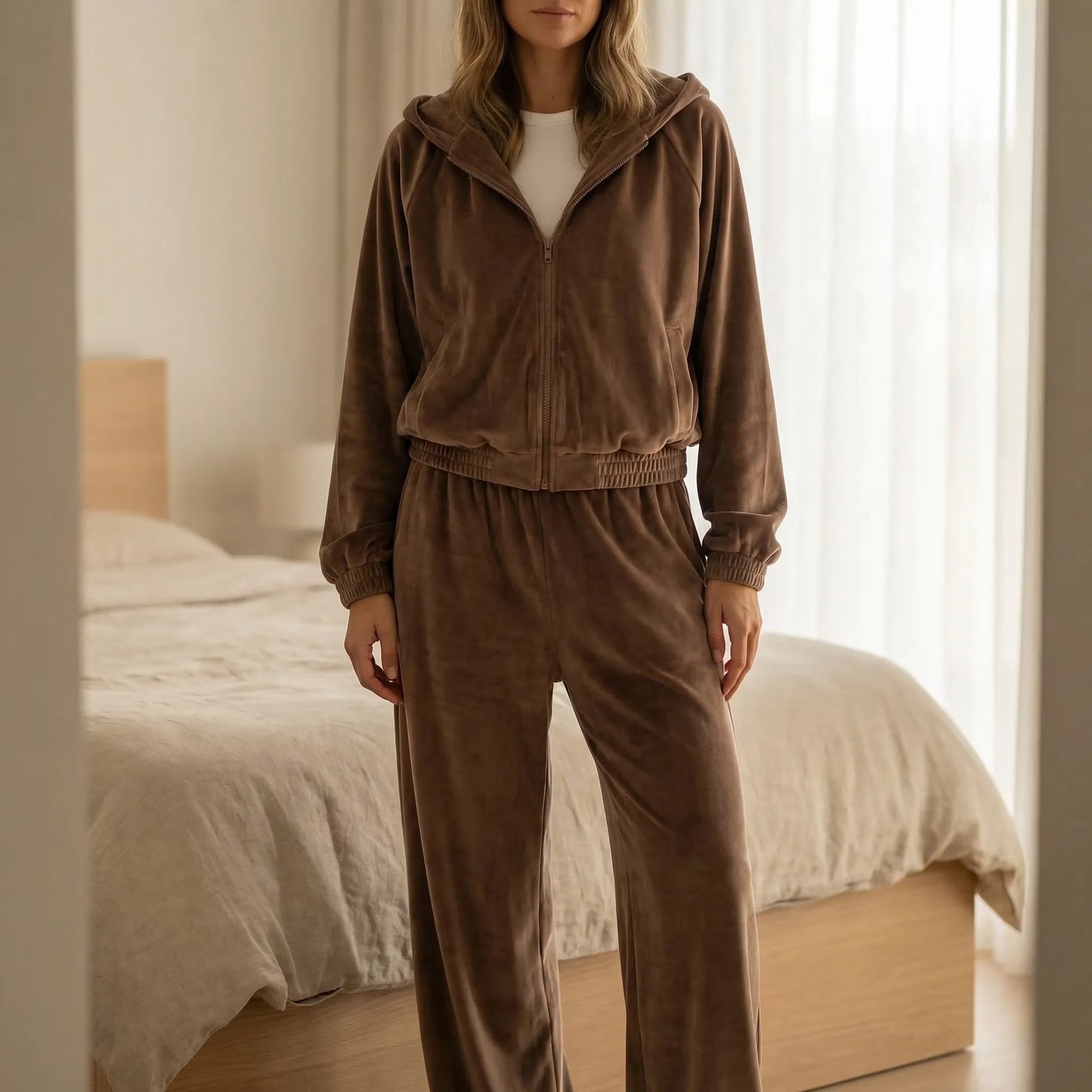 Damen-Loungewear-Set mit Reißverschluss-Kapuze und weiter Hose, samtig