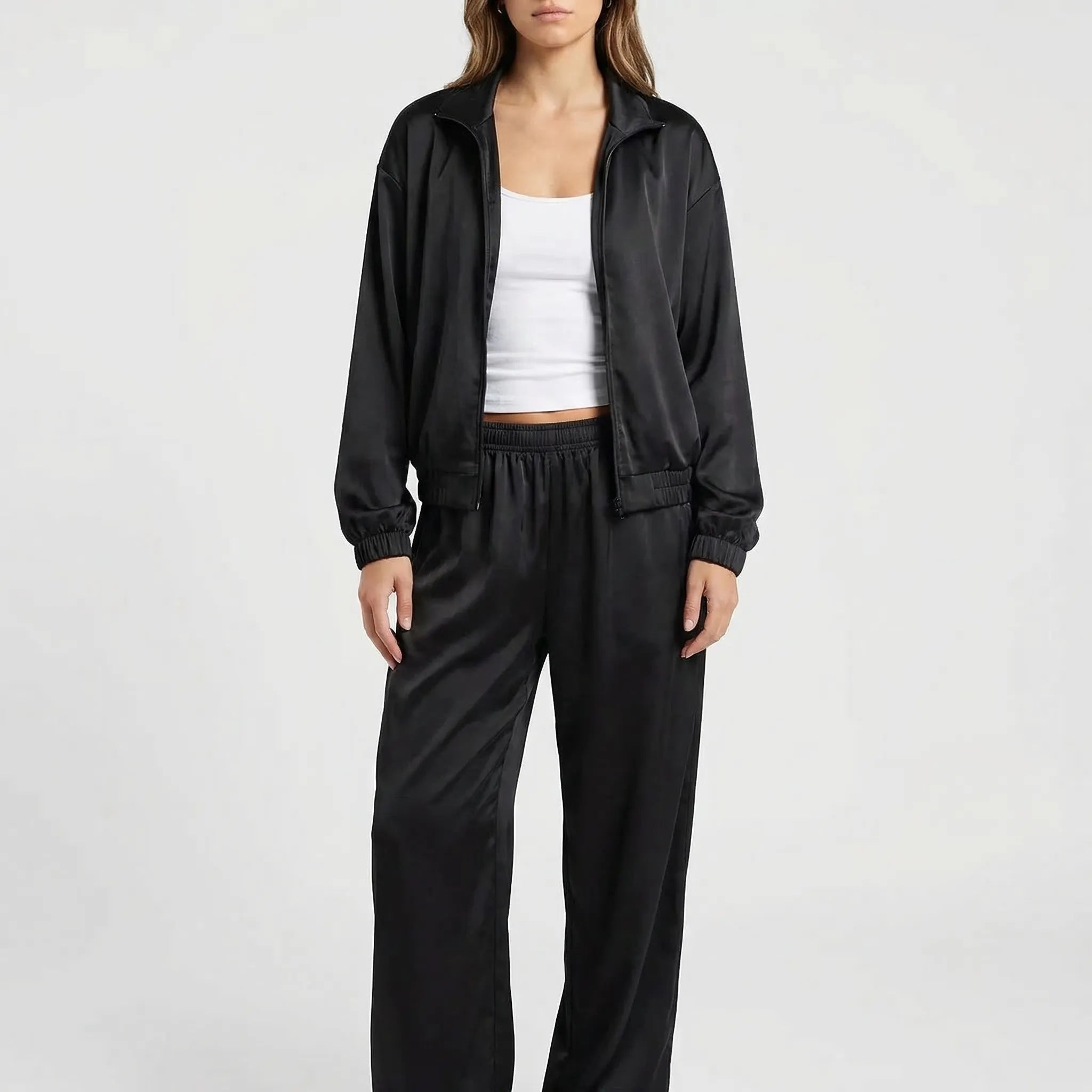 Damen-Loungewear-Set mit Reißverschluss-Kapuze und weiter Hose, samtig