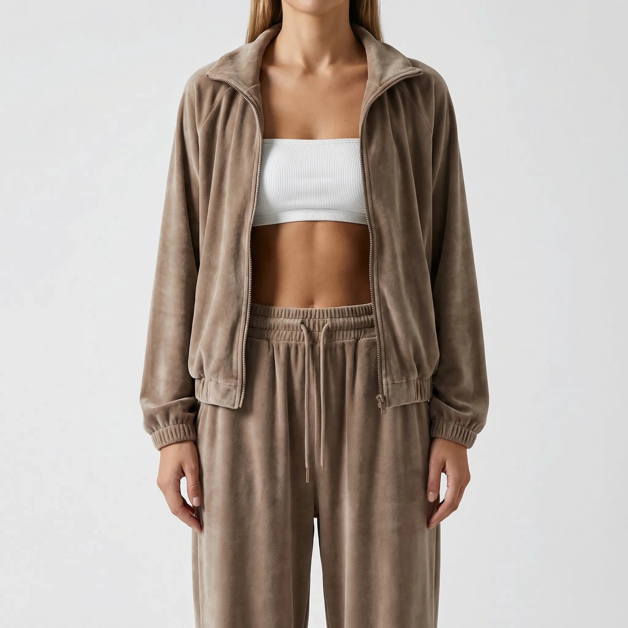 Damen-Loungewear-Set mit Reißverschluss-Kapuze und weiter Hose, samtig