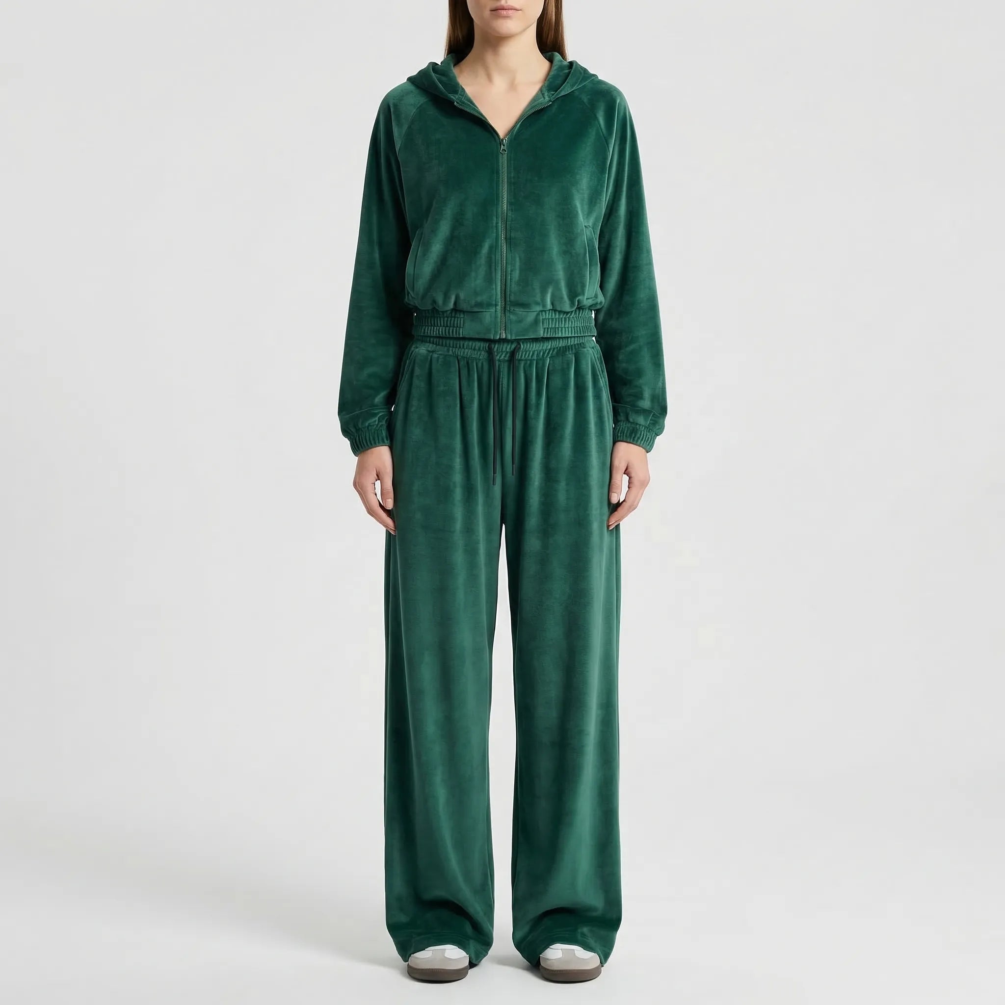 Damen-Loungewear-Set mit Reißverschluss-Kapuze und weiter Hose, samtig