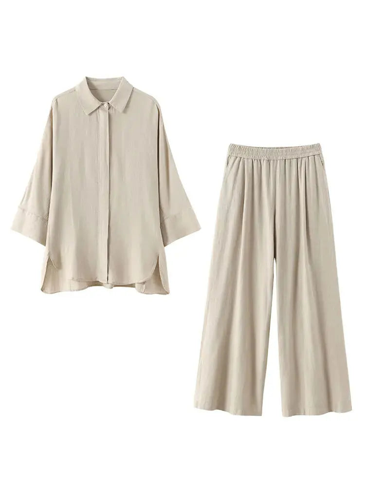 Damen Set mit weiter Hose und Bluse in Salbeigrün, entspannte Passform