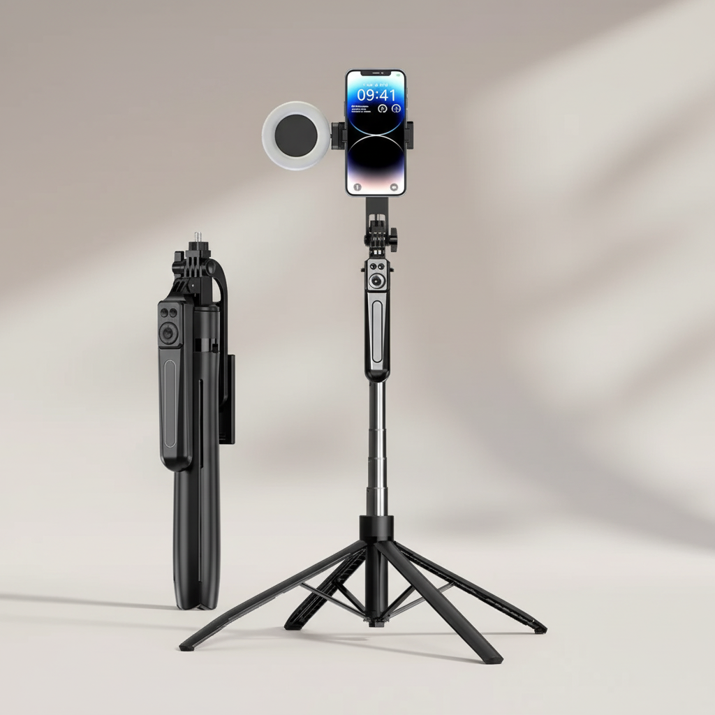 Klappbares Stativ aus Edelstahl mit Bluetooth-Fernbedienung und Selfie-Stick-Funktion